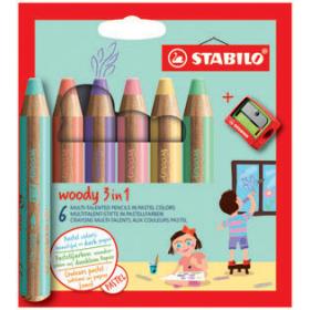 Multifunkční pastelky STABILO® Woody PASTEL  3 in 1 - 6 barev + ořezávátko