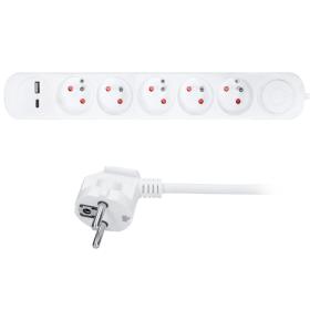 Solight prodlužovací přívod s USB A+C / bílý / vypínač / 5 zás. / 3m