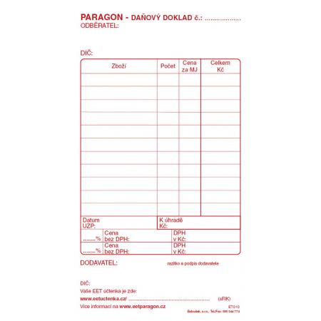 Paragon daňový doklad - blok 80 x 150 mm / nečíslovaný 50 listů / ET010