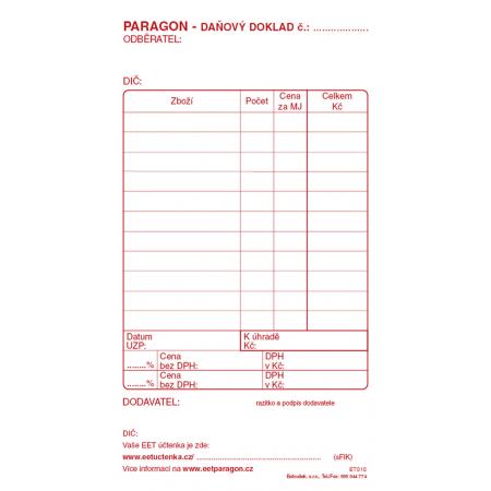 Paragon daňový doklad -  blok 80 x 150 mm / nečíslovaný 50 listů / ET010