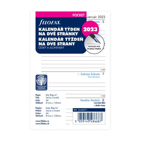 Náhradní vložky do diářů Filofax  -  kalendář kapesní 2019 týden / 2 strany